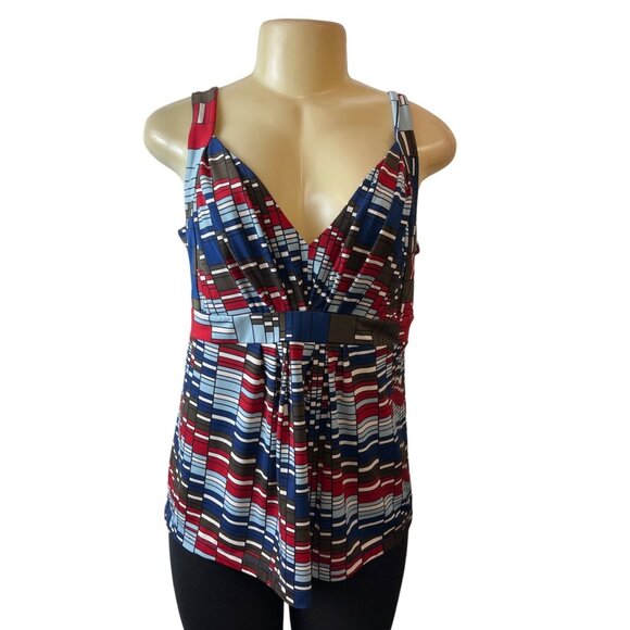 BCBG Maxazria Womens Red White Blue Geo Print Sleeveless Stretch Tank Top Sz L - Picture 1 of 6